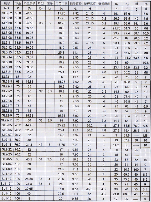 非標輸送鏈及K型附件技術參數